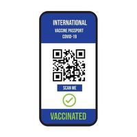 vaccinatiebewijs op het scherm van de mobiele telefoon. scan qr code vaccin covid-19 internationaal pictogram symbool op witte achtergrond. vector