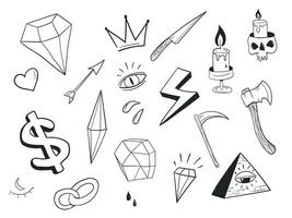 divers tatoeëren element tekening, diamant, kroon, kaars, bijl, oog, schedel vector