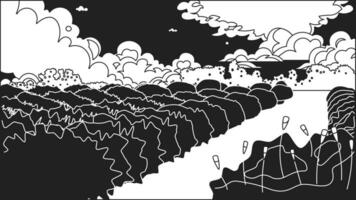 zonsondergang in de veld- bw schattig kawaii zie fi achtergrond. pluizig wolken. park monochromatisch 2d vector tekenfilm landschap illustratie, lofi esthetisch behang bureaublad. lineair Japans anime landschap
