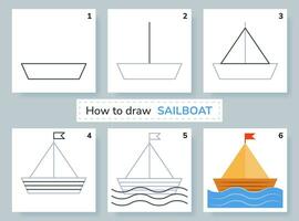 tekening zelfstudie. hoe naar trek zeilboot. onderwijs en werkzaamheid bladzijde voor peuter- en school- kinderen. kinderen werkblad. stap door stap kunst lessen met water vervoer. vector illustratie.