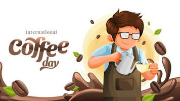 Internationale koffie dag banier met barista Mens maken koffie en koffie bonen achtergrond illustratie vector