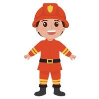 vector van weinig jongen vervelend brandweerman pak met helm en laarzen illustratie