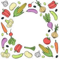 verzameling van gekleurde tekening groenten in tekening stijl. een reeks van vector illustraties van de oogst maïs aardappelen wortels radijs bieten knoflook uien tomaten, enz.