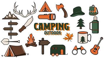 camping en wandelen set, hand- getrokken elementen-tent, circulaire vuur, kaart en aan het liegen dieren. perfect voor scrapbooken, ambacht projecten, affiches, labels, sticker kits. vector illustratie.