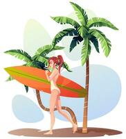 meisje met een surfplank. een surfer wandelingen langs de strand met palm bomen. zomer zonnig illustratie, resting vrouw in een zwempak. zomer tijd, buitenshuis activiteiten, sport. tekenfilm stijl vector