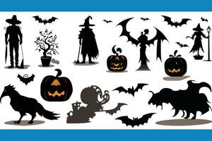 gelukkig halloween pictogrammen set, zwart silhouet stijl. geïsoleerd Aan wit achtergrond. halloween verzameling van ontwerp elementen met pompoen, spin, zombie, schedel, kist, knuppel. vector illustratie