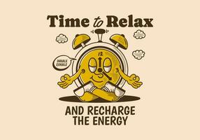 tijd naar kom tot rust en opladen energie, alarm klok mascotte karakter in meditatie houding vector