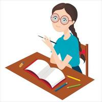 een meisje met een bril en een dromerige blik zit aan haar bureau. een open notitieboekje en verspreide potloden. vector