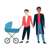 twee homo-cartoon mannen koppelen met baby in een kinderwagen. vector illustratie