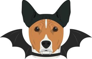 halloween groet kaart. basenji hond gekleed net zo een knuppel met zwart oren en Vleugels vector