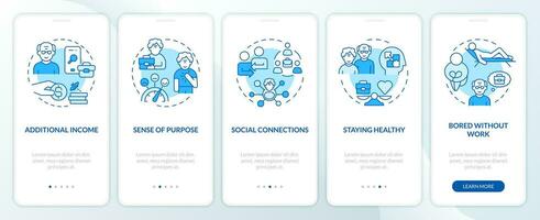 2d pictogrammen vertegenwoordigen niet met pensioen gaan mobiel app scherm set. walkthrough 5 stappen blauw grafisch instructies met dun lijn pictogrammen concept, ui, ux, gui sjabloon. vector