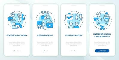 2d pictogrammen vertegenwoordigen niet met pensioen gaan mobiel app scherm set. walkthrough 4 stappen blauw grafisch instructies met lineair pictogrammen concept, ui, ux, gui sjabloon. vector