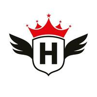 brief h vervoer logo met vleugel, schild en kroon icoon. vleugel logo Aan schild symbool vector