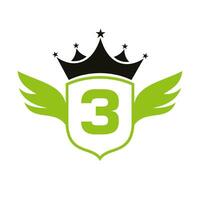brief 3 vervoer logo met vleugel, schild en kroon icoon. vleugel logo Aan schild symbool vector