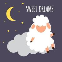 schattige kleine schapen aan de nachtelijke hemel. zoete dromen. vector illustratie