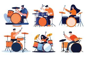 hand- getrokken muzikanten spelen drums in vlak stijl vector