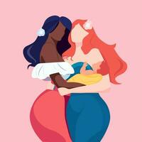 twee wit zwart meisje, vrouw knuffelen, vriendinnen, vrienden, homo, lesbienne vector