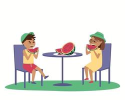 kinderen eten watermeloen aan een tafel buiten vector