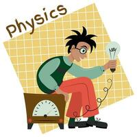 fysica leraar voert een experiment met een elektrisch huidig. fysica les Bij school- of Universiteit. vlak vector illustratie.
