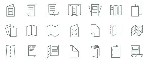 brochure lijn icoon set. folder brochure, catalogus, boekje, tijdschrift, en briefhoofd pictogrammen vector illustratie