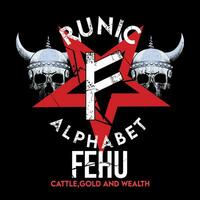 runen- alfabet t-shirt ontwerp met ster en twee viking schedels. runen- brief gebeld fehu groot en wit. vector