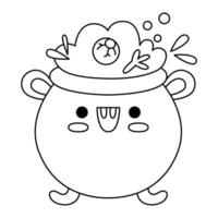 vector zwart en wit kawaii ketel met toverdrank. schattig glimlachen halloween lijn karakter voor kinderen. grappig herfst tekenfilm illustratie. samhain partij pot icoon of kleur bladzijde