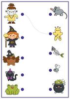 halloween bij elkaar passen werkzaamheid met schattig kawaii heks, uil, kat, monster. herfst vakantie puzzel met ketel, muis, kikker. bij elkaar passen de voorwerpen spel. allemaal heiligen dag bij elkaar passen omhoog afdrukbare bladzijde vector