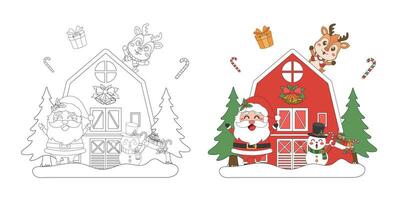 de kerstman claus, rendier en sneeuwman met rood huis, Kerstmis thema lijn kunst tekening tekenfilm illustratie, kleur boek voor kinderen, vrolijk kerstmis. vector