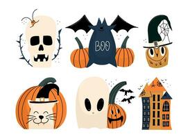 halloween karakter set. griezelig schedel met een kakkerlak, een pompoen, een uil in een pet, een kat, huizen in de web, een geest en een knuppel. vector illustratie in hand- getrokken stijl.