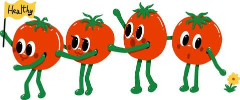 tomaat tekenfilm vector, tomaat tekenfilm karakter, gezond tomaat bende vector