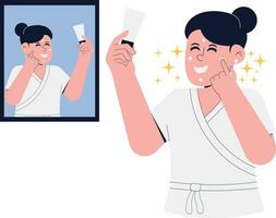 vrouw op zoek in spiegel aan het doen acne reiniger gelaats behandeling illustratie vector