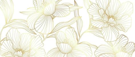 luxe gouden pioen bloem lijn kunst achtergrond vector. natuurlijk botanisch elegant bloem met goud lijn kunst. ontwerp illustratie voor decoratie, muur decor, behang, omslag, banier, poster, kaart. vector