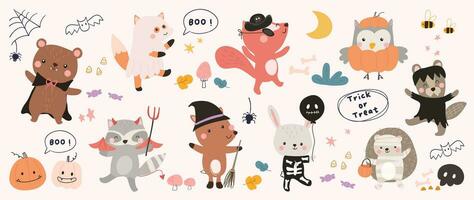gelukkig halloween dag liefje dier vector. schattig verzameling van dieren in het wild met halloween kostuums, vos, vogel, konijn, beer. aanbiddelijk dier tekens in herfst festival voor decoratie, afdrukken, omslag. vector