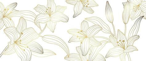 luxe gouden lelie bloem lijn kunst achtergrond vector. natuurlijk botanisch elegant bloem met goud lijn kunst. ontwerp illustratie voor decoratie, muur decor, behang, omslag, banier, poster, kaart. vector