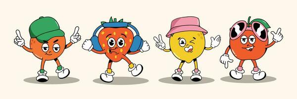 reeks van jaren 70 groovy element fruit concept vector. verzameling van tekenfilm karakter, tekening glimlach gezicht, aardbei, oranje, appel, citroen. schattig retro groovy hippie ontwerp voor decoratief, sticker. vector