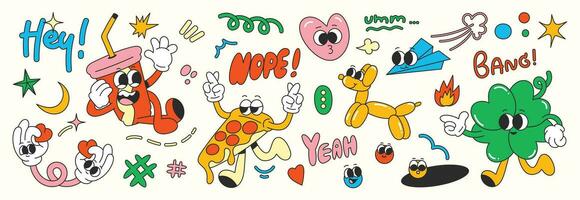 reeks van jaren 70 groovy element vector. verzameling van tekenfilm karakters, tekening glimlach gezicht, pizza, ballon, hart, beker, raket, blad, ster, maan. schattig retro groovy hippie ontwerp voor decoratief, sticker. vector
