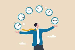 tijd beheer, nauwgezetheid of werk deadline, schema plan of herinnering, produktiviteit deskundige of timer aftellen, expertise concept, vertrouwen zakenman deskundige jongleren klok in verschil tijd. vector