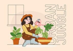 een jong vrouw is gieter binnen- planten. groeit bloemen of kruiden in potten en nemen zorg van hen. de concept van tuinieren. vlak vector illustratie.