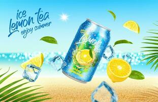 realistisch ijs citroen thee drinken kan met ijs kubussen vector