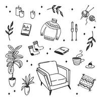 hand- getrokken vector illustratie met fauteuil, kaarsen, planten, trui, sokken, heet drankje, breien, sterren. concept van knus leven, hygge huis, Scandinavisch motief, hobby ontspanning harmonisch levensstijl