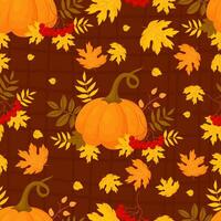 herfst naadloos patroon. oranje pompoen met bont veelkleurig herfst bladeren met trossen rood lijsterbes Aan bruin achtergrond. vector herfst- illustratie voor ontwerp, verpakking, behang, textiel.