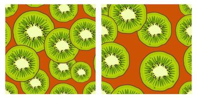 reeks van kiwi fruit patroon.trendy helder ontwerp exotisch fruit Aan oranje achtergrond. vers sappig groen vruchten. vector illustratie voor behang,textiel, web, app, notitieboekjes, geval, omhulsel papier