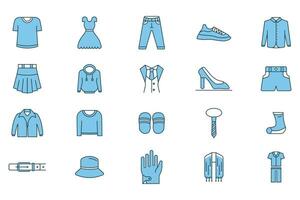 kleren reeks icoon. bevat pictogrammen t-shirt, jurk, jeans, sportschoenen, shirt, enz. vlak lijn icoon stijl. gemakkelijk vector ontwerp bewerkbare