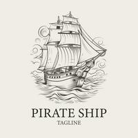 hand- getrokken vector wijnoogst piraat schip schetsen illustratie. piraat boot schetsen tekening