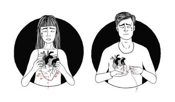 verdrietig en lijden Mens en vrouw verlies van liefde. gebroken hart concept. hand- getrokken illustratie vector
