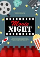 abstracte film nacht bioscoop platte achtergrond met haspel, oude stijl ticket, grote popcorn en klepel symboolpictogrammen. vector illustratie