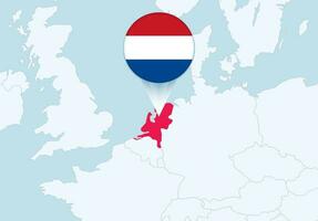 Europa met geselecteerd Nederland kaart en Nederland vlag icoon. vector