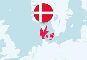 Europa met geselecteerd Denemarken kaart en Denemarken vlag icoon. vector