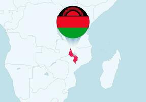 Afrika met geselecteerd Malawi kaart en Malawi vlag icoon. vector