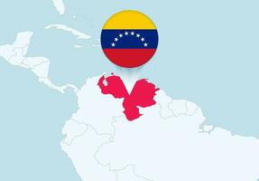 Amerika met geselecteerd Venezuela kaart en Venezuela vlag icoon. vector